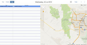 Shown here in "Flat" interface type.  Shows events for the current day on the left. Icons are shown on the map for each event. Clicking the icon shows details about the event. Selecting the event in the list zooms to the event on the map. Available for Server-Side Async only. Requires three fields in the data source: "Location," "Latitude," and "Longitude." Latitude and Longitude fields get filled in automatically based on Location.  (Currently in Beta)